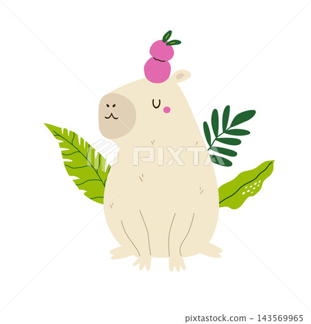 Funny capybara sitting in a jungle with fruits on the head Funny capybara sitting in a jungle with fruits on the head 143569965
