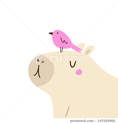 Funny capybara with a bird sitting on a head 143569966