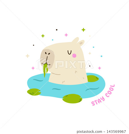 Funny capybara sitting in a pond. Cute animal design Funny capybara sitting in a pond. Cute animal design 143569967