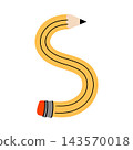 Cute uppercase letter S illustrated as a crooked yellow pencil. Creative children's alphabet icon for learning materials. 143570018