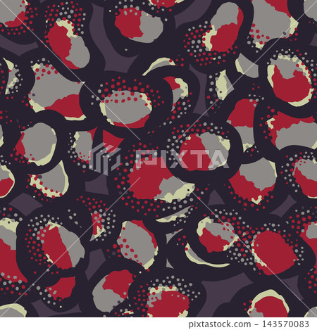 Seamless abstract reptile skin pattern with irregular organic spots, layered dark purple outlines, red, gray, and cream tones, creating bold decorative texture for fabric, wallpaper, wrapping, and web Seamless abstract reptile skin pattern with irregular organic spots, layered dark purple outlines, red, gray, and cream tones, creating bold decorative texture for fabric, wallpaper, wrapping, and web 143570083
