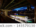 The evening view of the Sumida River Terrace and Asakusa Water Bus Terminal, bathed in the beautiful magic hour of twilight. 143570130