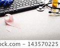 Breast Cancer Awareness Ribbon with Medical Equipment and Keyboard with Copy-space 143570225