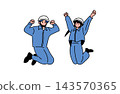 A flat vector illustration of male and female workers in blue work clothes energetically jumping. 143570365