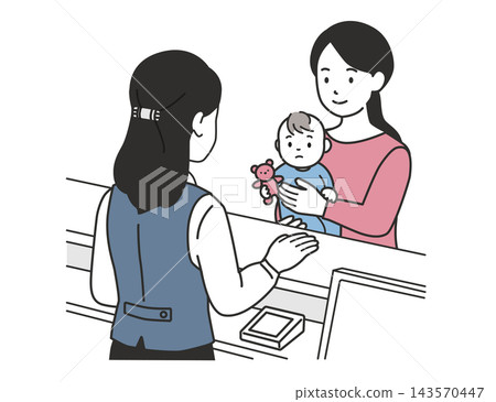 An illustration of a mother holding her baby while going through the procedures at the pediatrician's reception desk. An illustration of a mother holding her baby while going through the procedures at the pediatrician's reception desk. 143570447