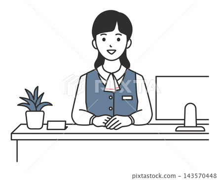An illustration of a female staff member smiling and greeting customers at the reception counter. 143570448