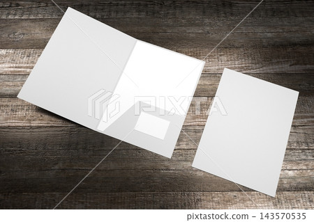 File folder mockup showing front cover and content pages on wooden background 143570535