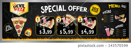 Classic Retro Spicy Devil Pizza Food Truck Ordering Board Banner Template - 200x60 cm - vector illustration Classic Retro Spicy Devil Pizza Food Truck Ordering Board Banner Template - 200x60 cm - vector illustration 143570599