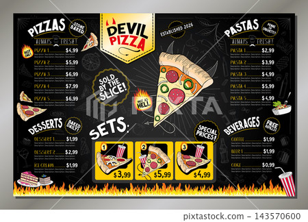 Classic Retro Spicy Devil Pizza Restaurant Table Menu Card Plamat Template - 17x11 in Ledger Format - vector illustration Classic Retro Spicy Devil Pizza Restaurant Table Menu Card Plamat Template - 17x11 in Ledger Format - vector illustration 143570600