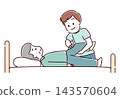 A senior man receiving rehabilitation in bed (hand-drawn style) 143570604