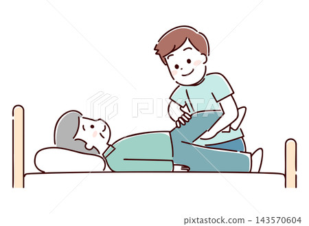 A senior man receiving rehabilitation in bed (hand-drawn style) A senior man receiving rehabilitation in bed (hand-drawn style) 143570604