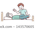 A senior man receiving rehabilitation in bed (hand-drawn style) 143570605