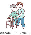 A senior man practicing walking with a walker (hand-drawn style) 143570606