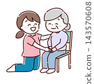 A female staff member smiling and encouraging a senior woman (hand-drawn style) 143570608