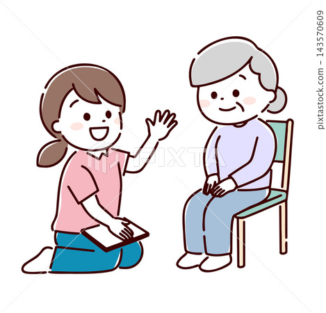 A female staff member explaining something to a senior woman (hand-drawn style) 143570609