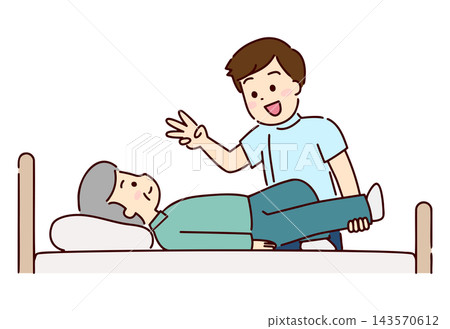 Senior man receiving rehabilitation in bed Senior man receiving rehabilitation in bed 143570612