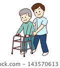 A senior man is practicing walking with a walker. 143570613