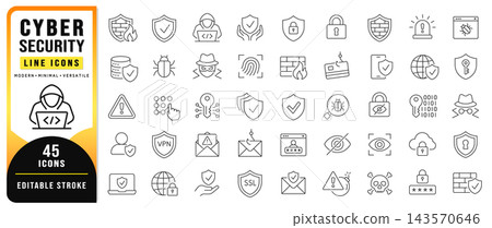 Cyber Security Line Icon Set Featuring 45 Editable Stroke Vector Symbols For Digital Protection, Network Security, Privacy, Encryption, Authentication, Malware, Hacking, Data Safety And Online Threats Cyber Security Line Icon Set Featuring 45 Editable Stroke Vector Symbols For Digital Protection, Network Security, Privacy, Encryption, Authentication, Malware, Hacking, Data Safety And Online Threats 143570646