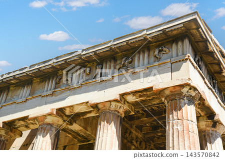 Temple of Hephaestus ancient Greek architecture details against blue sky 143570842