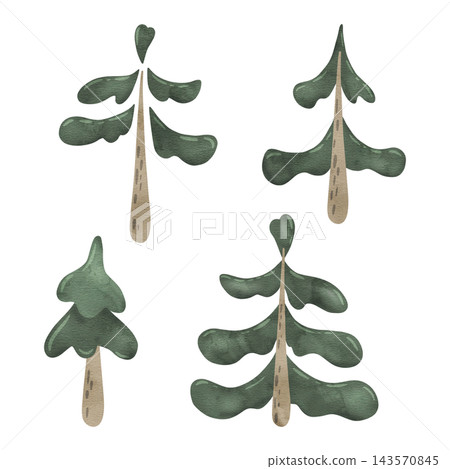 Set of Cute cartoon evergreen trees. Spruce with green needles. Hand drawn watercolor fir illustration for kids, baby, nursery, card, pattern. Bright stylized wonderland forest. Set of Cute cartoon evergreen trees. Spruce with green needles. Hand drawn watercolor fir illustration for kids, baby, nursery, card, pattern. Bright stylized wonderland forest. 143570845