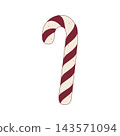 Hand-drawn Christmas candy cane with red and cream stripes, isolated vector illustration for holiday packaging, bakery design, greeting cards and seasonal decoration 143571094