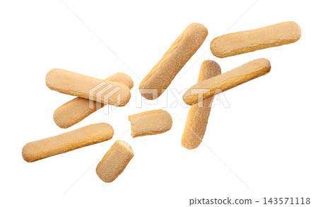 Savoiardi cookies flying close-up on a white background. Isolated Savoiardi cookies flying close-up on a white background. Isolated 143571118