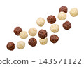 Sweet cereal balls flying on a white background. Isolated 143571122