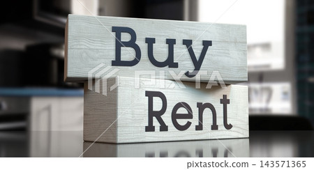 Buy, rent - words on wooden blocks - 3D illustration 143571365
