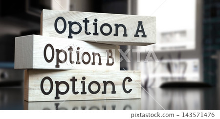 Option A, B, C - words on wooden blocks - 3D illustration Option A, B, C - words on wooden blocks - 3D illustration 143571476