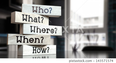 Who, what, where, when, how - words on wooden blocks - 3D illustration 143571574