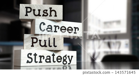 Push vs pull strategy - words on wooden blocks - 3D illustration Push vs pull strategy - words on wooden blocks - 3D illustration 143571645