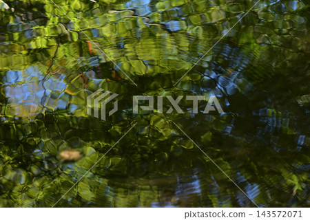 森林景觀倒映在水面上,泛起漣漪;水面倒影;抽象風景;背景素材。 森林景觀倒映在水面上,泛起漣漪;水面倒影;抽象風景;背景素材。 143572071