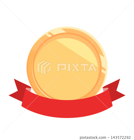 Flat illustration of a gold medal with a red ribbon. 143572292