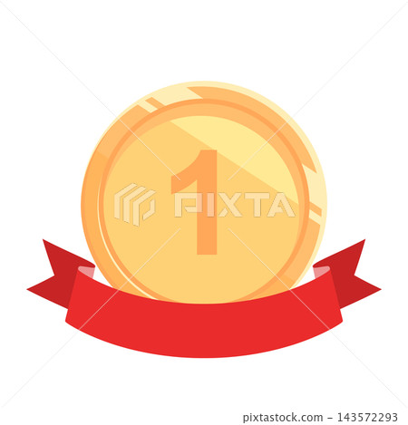 A flat illustration of a gold medal with the number 1 drawn on it, with a red ribbon crossing it. A flat illustration of a gold medal with the number 1 drawn on it, with a red ribbon crossing it. 143572293