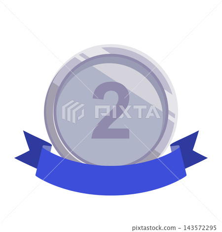 A flat illustration of a silver medal with the number 2 drawn on it, with a blue ribbon crossing it. A flat illustration of a silver medal with the number 2 drawn on it, with a blue ribbon crossing it. 143572295