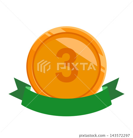 A flat illustration of a bronze medal with the number 3 drawn on it, with a green ribbon crossing it. A flat illustration of a bronze medal with the number 3 drawn on it, with a green ribbon crossing it. 143572297