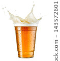 Splash of beer or ale in disposable plastic cup isolated PNG on transparent background 143572601