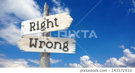 Right and wrong - wooden signpost with two arrows Right and wrong - wooden signpost with two arrows 143572918