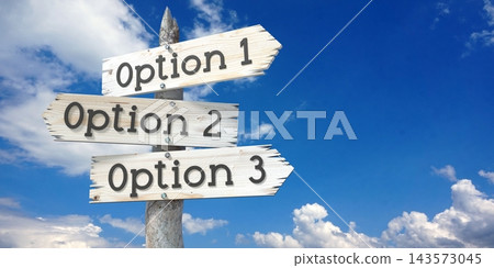 Option 1, 2 or 3 - wooden signpost with three arrows 143573045