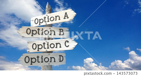 Options A, B, C, D - wooden signpost with four arrows Options A, B, C, D - wooden signpost with four arrows 143573073