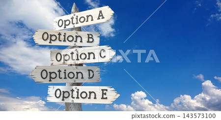 Option A, B, C, D, E - wooden signpost with five arrows Option A, B, C, D, E - wooden signpost with five arrows 143573100