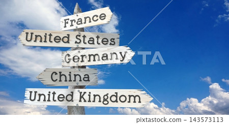 France, USA, Germany, China, UK - wooden signpost with five arrows France, USA, Germany, China, UK - wooden signpost with five arrows 143573113