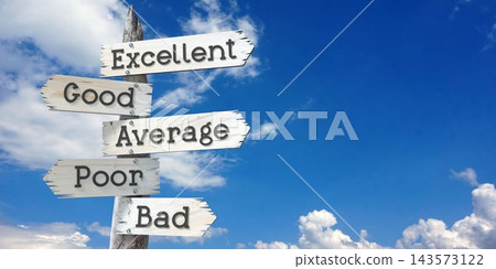 Excellent, good, average, poor, bad - wooden signpost with five arrows Excellent, good, average, poor, bad - wooden signpost with five arrows 143573122
