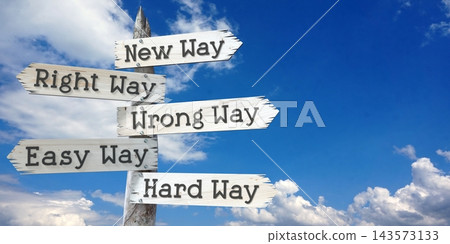 New way, right way, wrong way, easy way, hard way - wooden signpost with five arrows New way, right way, wrong way, easy way, hard way - wooden signpost with five arrows 143573133