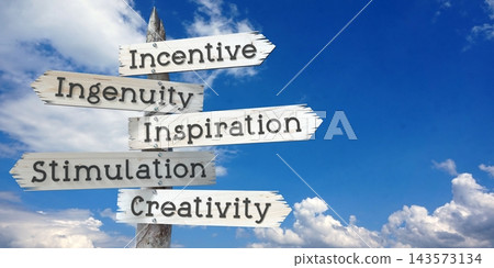 Incentive, ingenuity, inspiration, stimulation, creativity - wooden signpost with five arrows Incentive, ingenuity, inspiration, stimulation, creativity - wooden signpost with five arrows 143573134