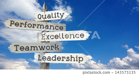 Quality, performance, excellence, teamwork, leadership - wooden signpost with five arrows Quality, performance, excellence, teamwork, leadership - wooden signpost with five arrows 143573135