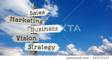 Sales, marketing, business, vision, strategy - wooden signpost with five arrows Sales, marketing, business, vision, strategy - wooden signpost with five arrows 143573137