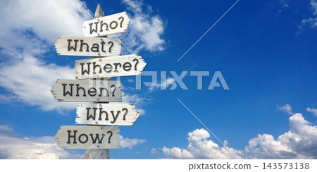 Questions concept - wooden signpost with six arrows Questions concept - wooden signpost with six arrows 143573138