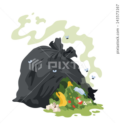 Garbage or waste icon. Metal garbage container with unsorted trash. Rubbish that smells ugly and started to decompose. Ecology and environment concept. Isolated on white background. Garbage or waste icon. Metal garbage container with unsorted trash. Rubbish that smells ugly and started to decompose. Ecology and environment concept. Isolated on white background. 143573167