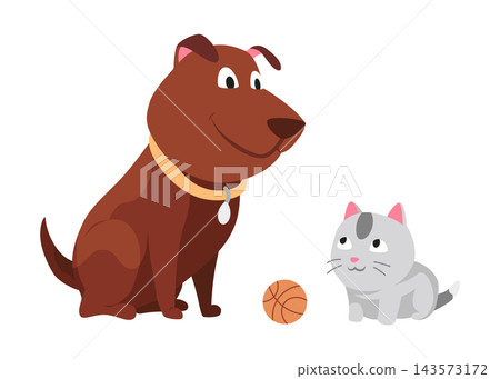 Cats and dog characters best happy friends. Together spending time isolated on white background. Funny flat cartoon colorful friendship pets. Vector illustration Cats and dog characters best happy friends. Together spending time isolated on white background. Funny flat cartoon colorful friendship pets. Vector illustration 143573172